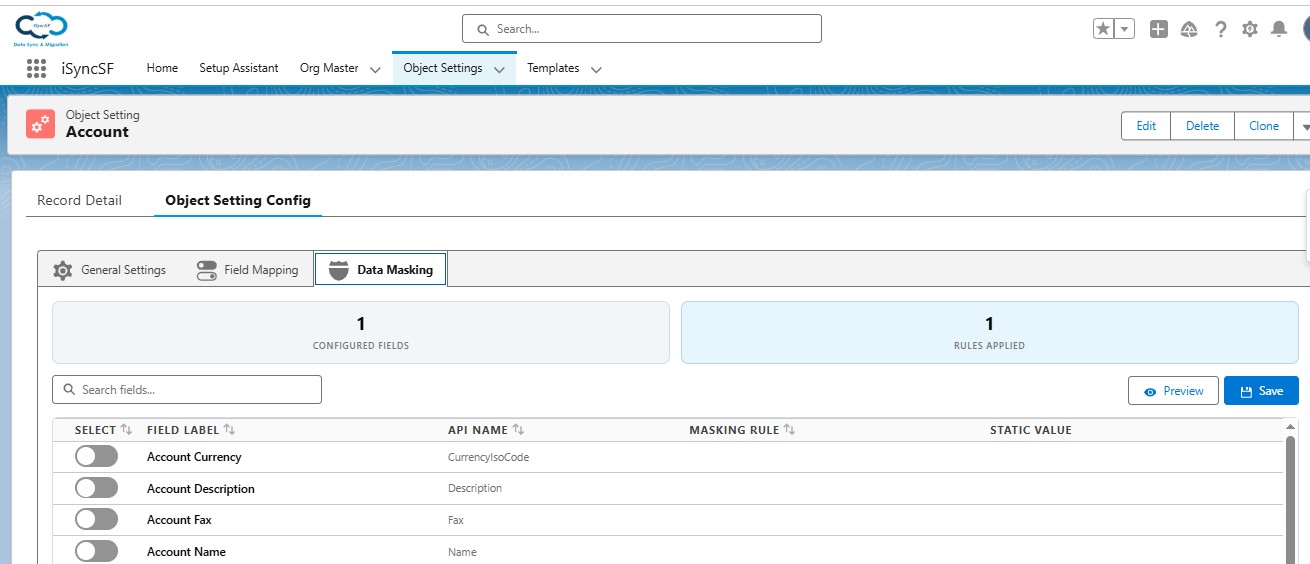 iSyncSF data masking configuration showing PII field selection with random text and static value rules
